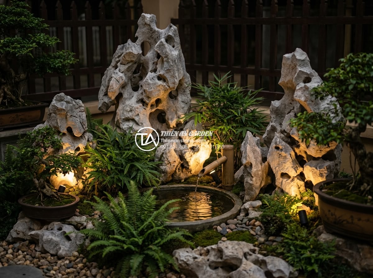 Thiết kế tiểu cảnh góc sân vườn cho người mệnh Kim thu hút tài lộc - Nighttime view of illuminated garden corner featuring water features, stones and