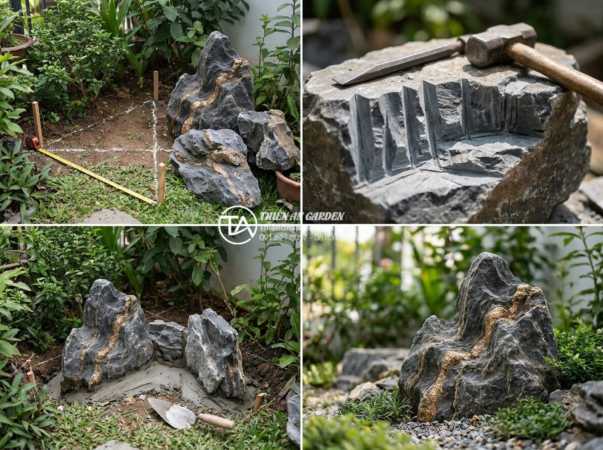 Thiết kế tiểu cảnh góc sân vườn cho người mệnh Kim thu hút tài lộc - Step-by-step professional construction process photos of natural stone garden co