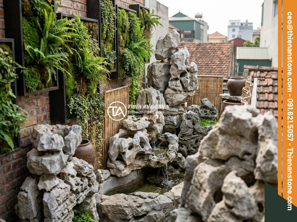 Thiết kế tiểu cảnh sân thượng nhỏ mini cho nhà phố diện tích hẹp - Creative modern mini rooftop garden ideas with innovative stone arrangements, ve