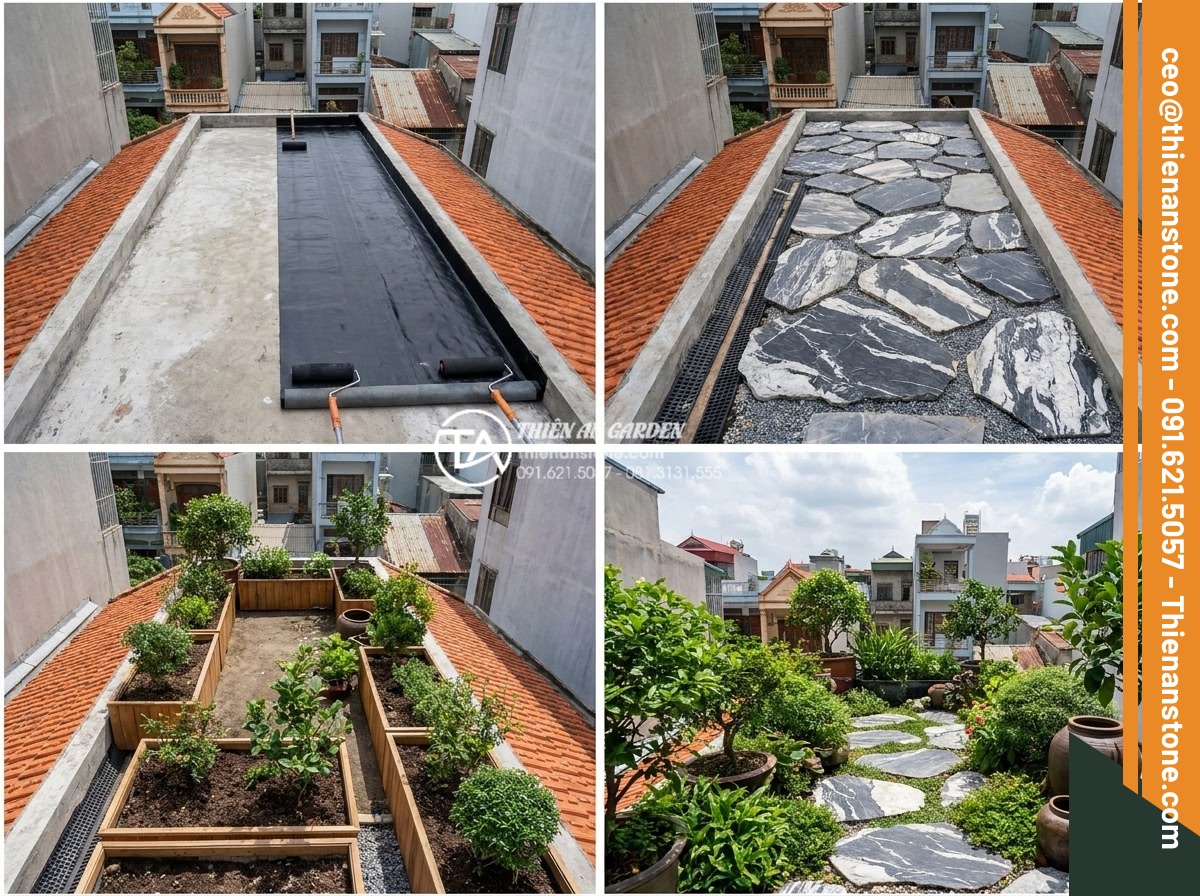 Thiết kế tiểu cảnh sân thượng nhỏ mini cho nhà phố diện tích hẹp - Step-by-step professional construction process of a mini rooftop garden showing 