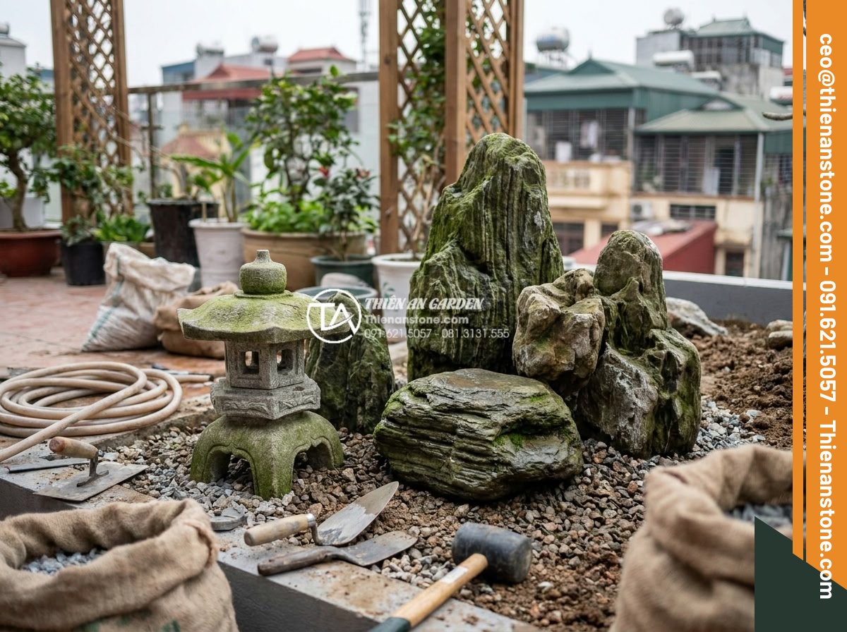 Thiết kế tiểu cảnh sân thượng nhỏ mini cho nhà phố diện tích hẹp - Detailed view of expert team installing carved stone features during professiona