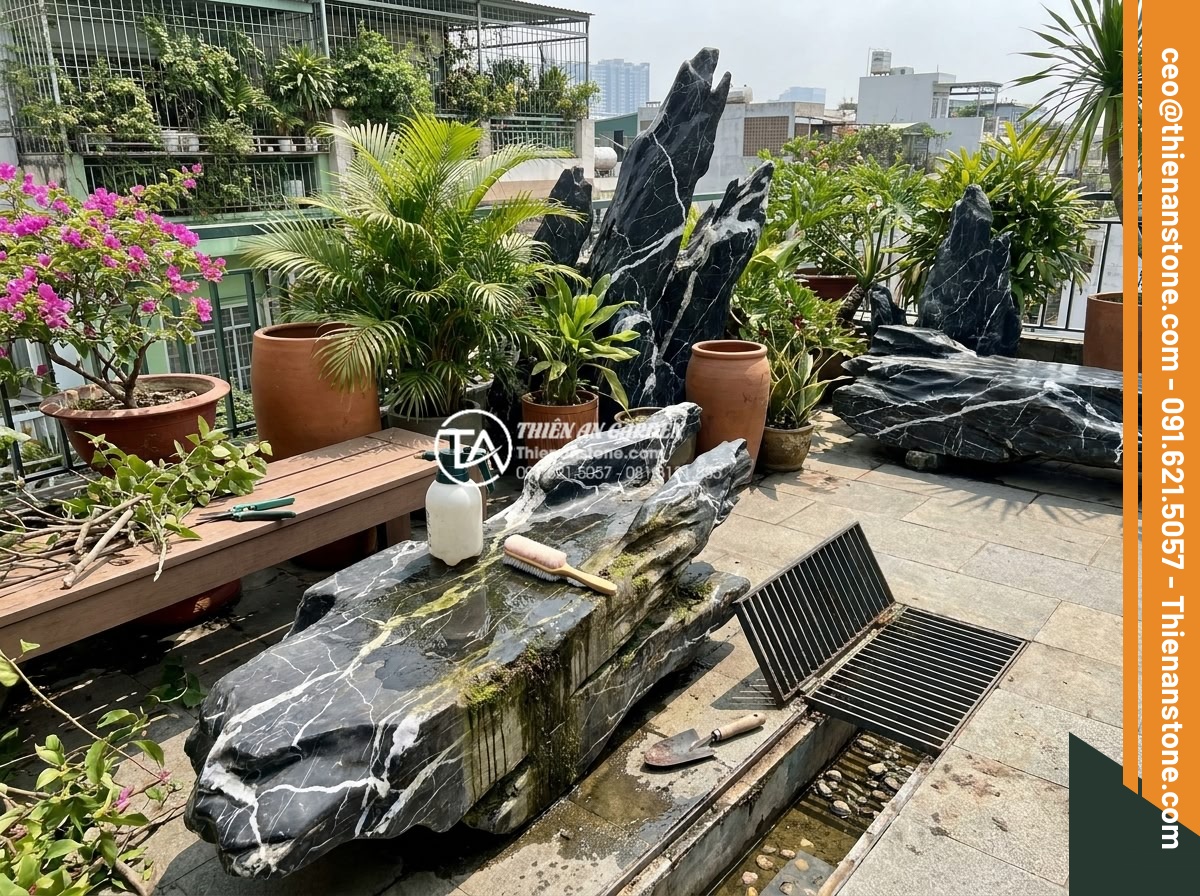 Thiết kế tiểu cảnh sân thượng nhỏ mini cho nhà phố diện tích hẹp - Maintenance tips illustration for small rooftop garden including cleaning natura