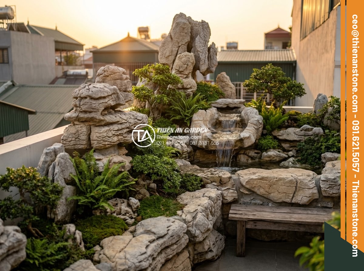 Thiết kế tiểu cảnh sân thượng nhỏ mini cho nhà phố diện tích hẹp - Beautiful small rooftop mini landscape with layered natural stones, flowing wate