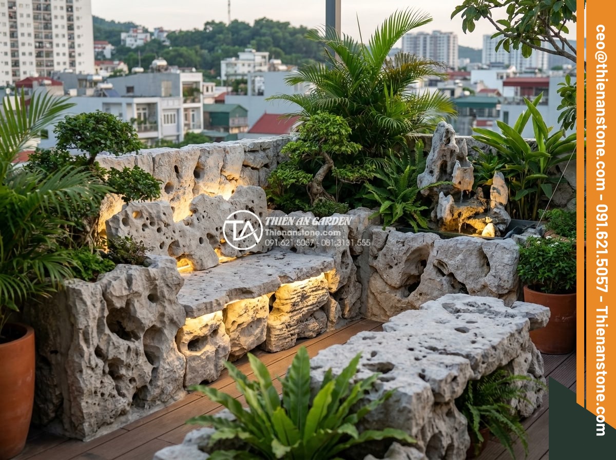 Thiết kế tiểu cảnh sân thượng nhỏ mini cho nhà phố diện tích hẹp - Overview of benefits visualized in a compact rooftop garden using premium natura