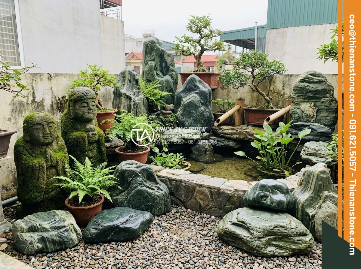 Thiết kế tiểu cảnh sân thượng nhỏ mini cho nhà phố diện tích hẹp - High-quality natural stones including carved sculptures and polished decorative 