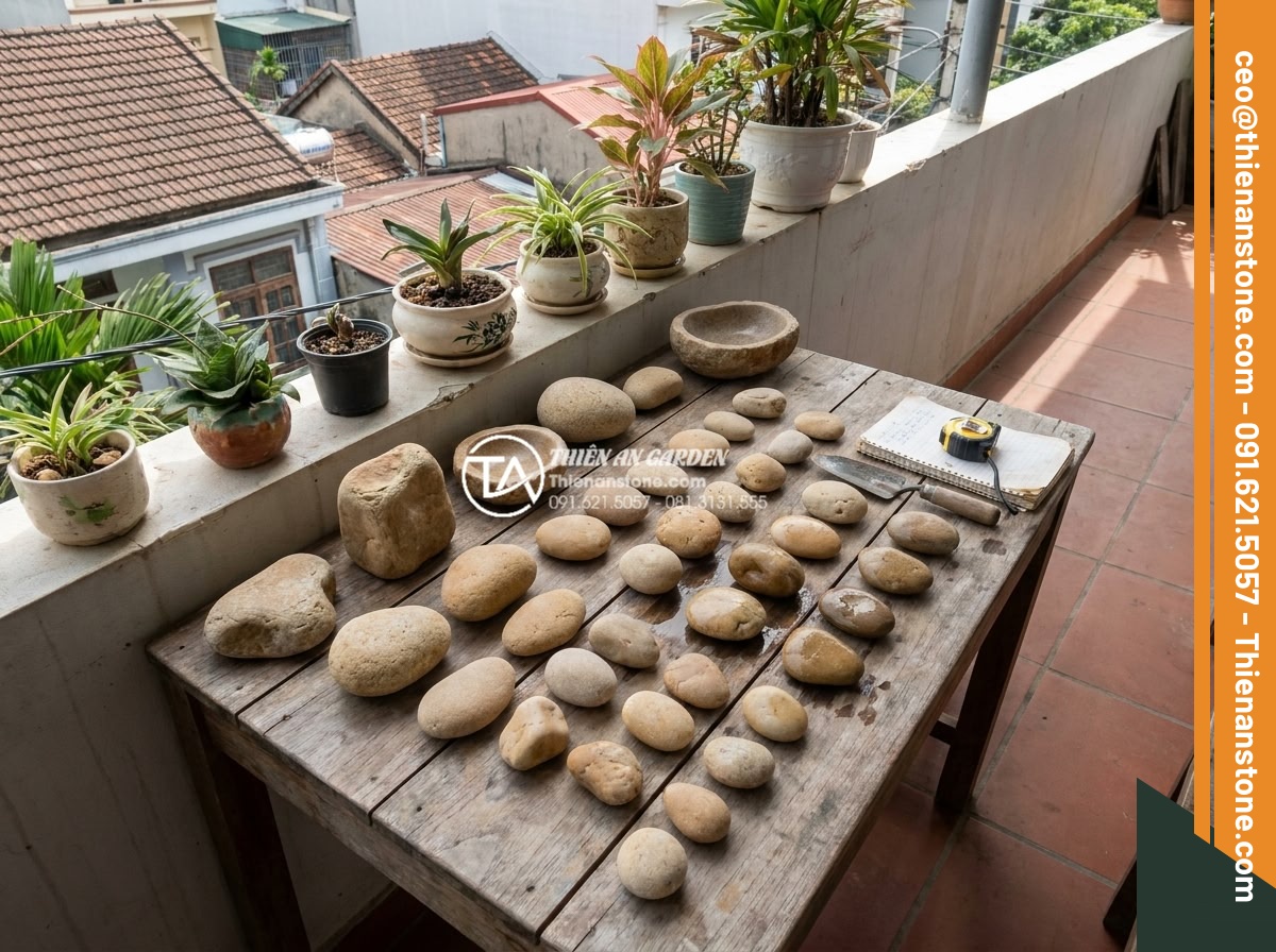 Thiết kế tiểu cảnh sân thượng nhỏ mini cho nhà phố diện tích hẹp - Selection of various natural stone samples including carved, polished and raw ro