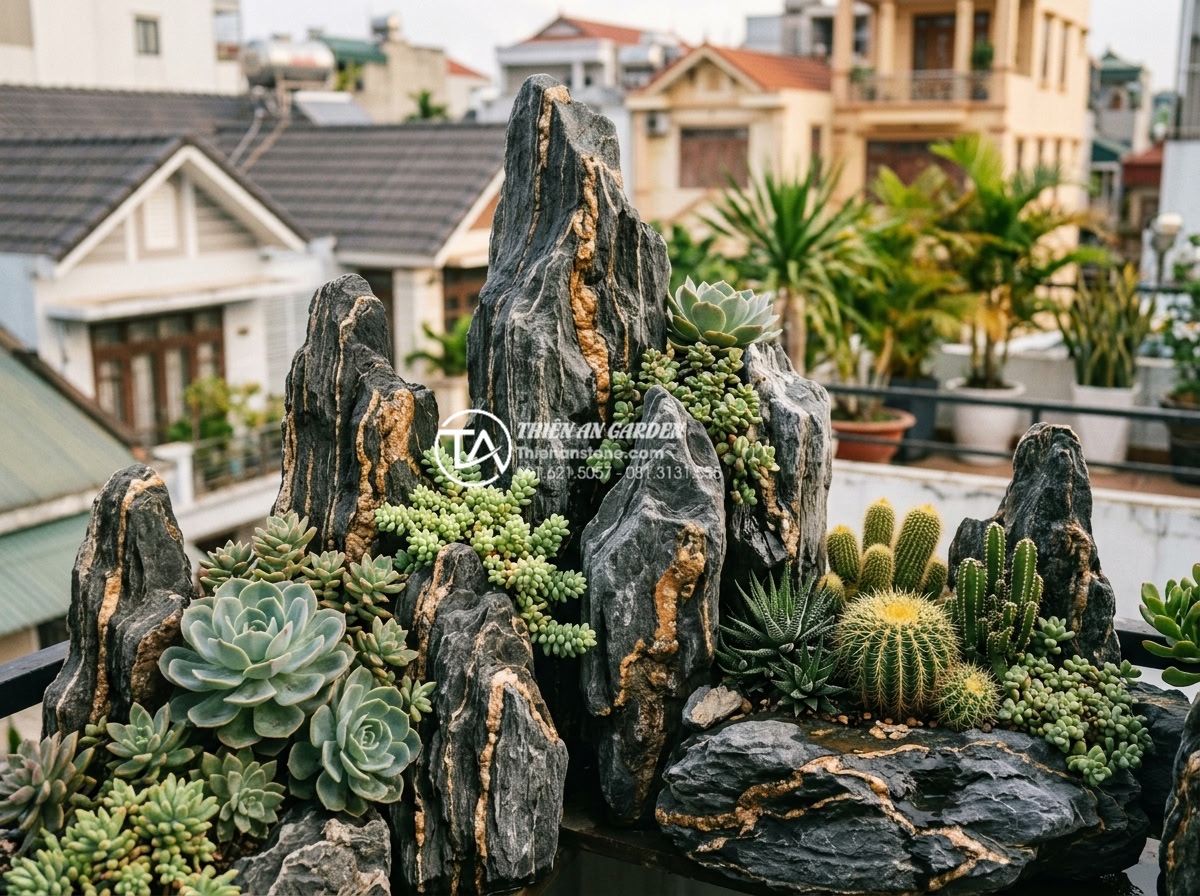 Thiết kế tiểu cảnh sân thượng sen đá và xương rồng chịu nắng cực tốt - Long-term healthy succulent and cactus rooftop scene after proper care and natur