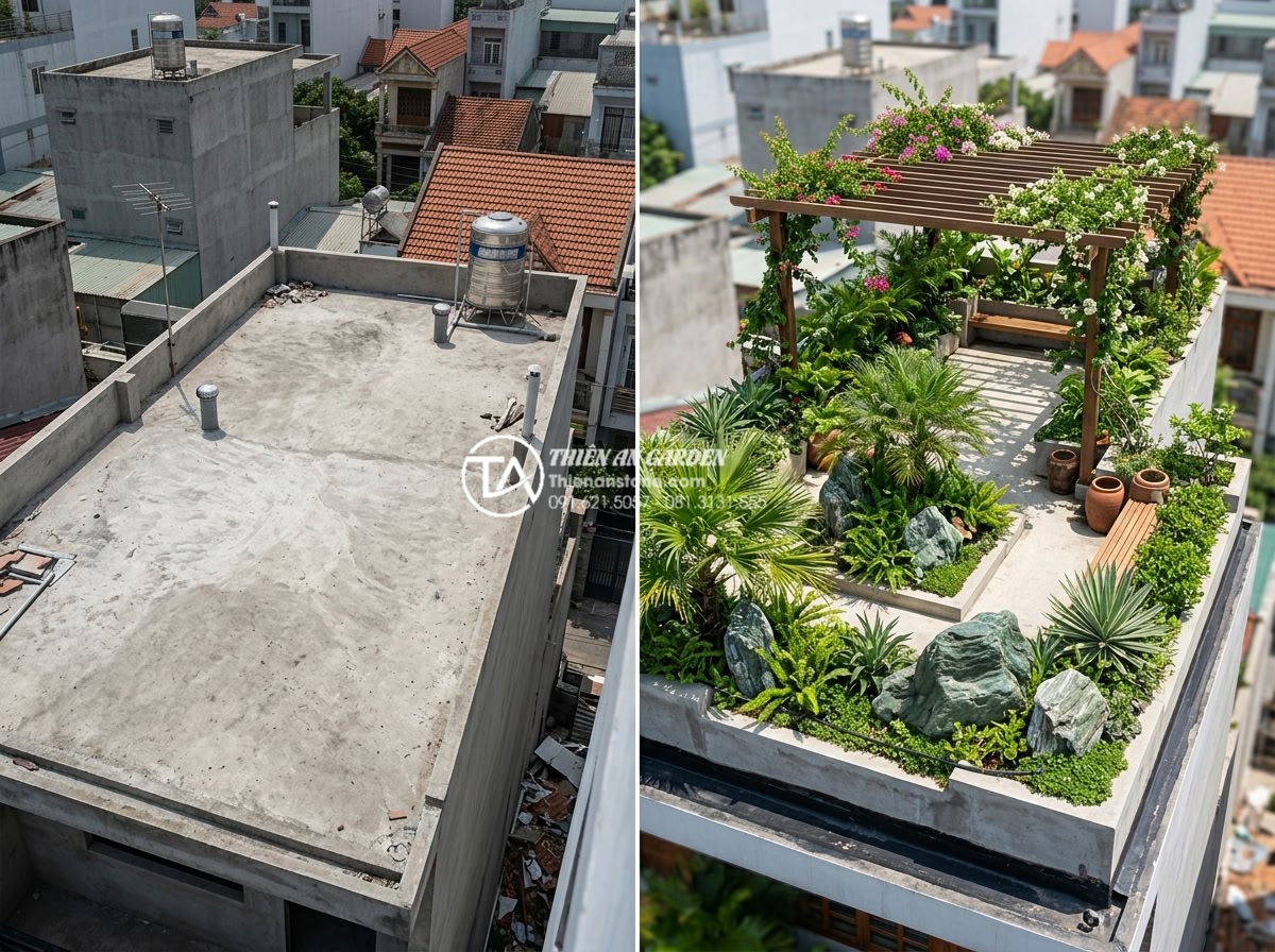 Thiết kế tiểu cảnh sân thượng sen đá và xương rồng chịu nắng cực tốt - Before and after comparison of a correctly built sun-resistant rooftop garden av