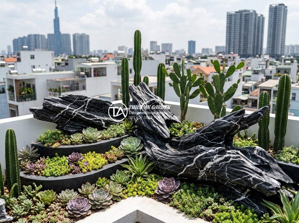 Thiết kế tiểu cảnh sân thượng sen đá và xương rồng chịu nắng cực tốt - Creative modern rooftop design ideas with layered succulents, tall cacti, and ar
