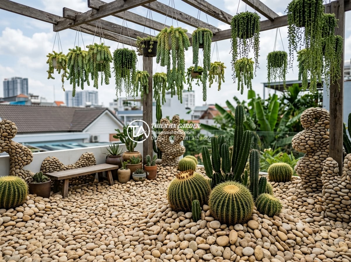 Thiết kế tiểu cảnh sân thượng sen đá và xương rồng chịu nắng cực tốt - Unique rooftop terrace concepts featuring hanging succulents, cactus focal point