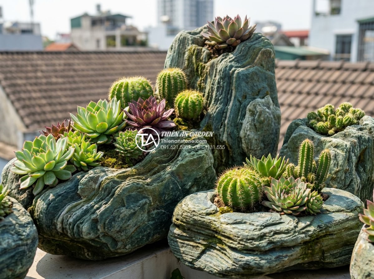 Thiết kế tiểu cảnh sân thượng sen đá và xương rồng chịu nắng cực tốt - Detailed close-up of vibrant green and red succulents mixed with spiky cacti in 