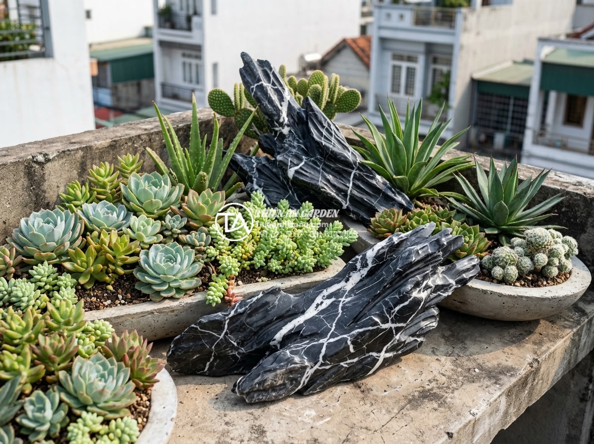 Thiết kế tiểu cảnh sân thượng sen đá và xương rồng chịu nắng cực tốt - Variety of sun-resistant succulents and cacti species thriving on a concrete roo