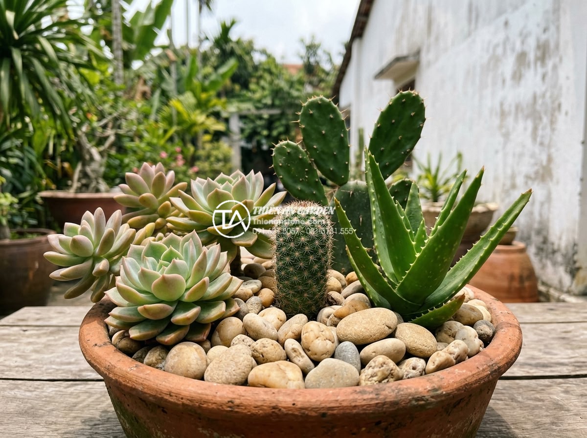 Thiết kế tiểu cảnh sân thượng sen đá và xương rồng chịu nắng cực tốt - Side view of healthy cactus and succulent arrangement highlighting their water-s