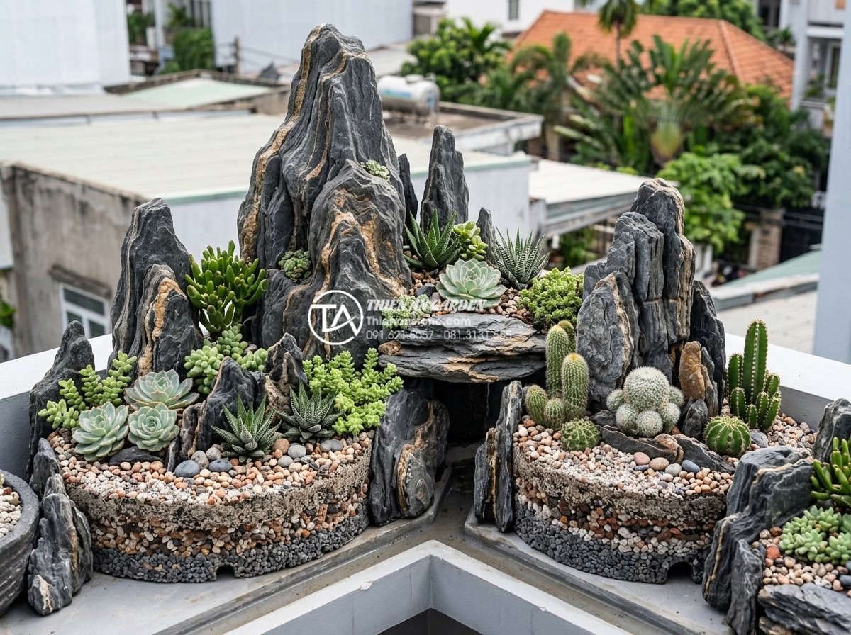 Thiết kế tiểu cảnh sân thượng sen đá và xương rồng chịu nắng cực tốt - Well-balanced rooftop succulent and cactus garden design showing layered heights