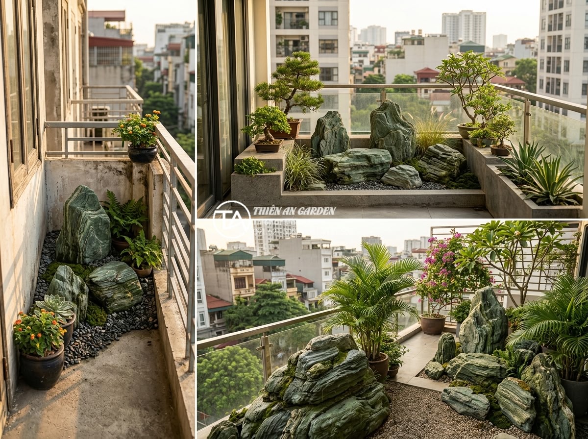Tiểu cảnh ban công hướng Tây: Giải pháp chống nóng bằng đá và cây xanh - Multiple examples of small, medium, and large west-facing balcony landscaping wi