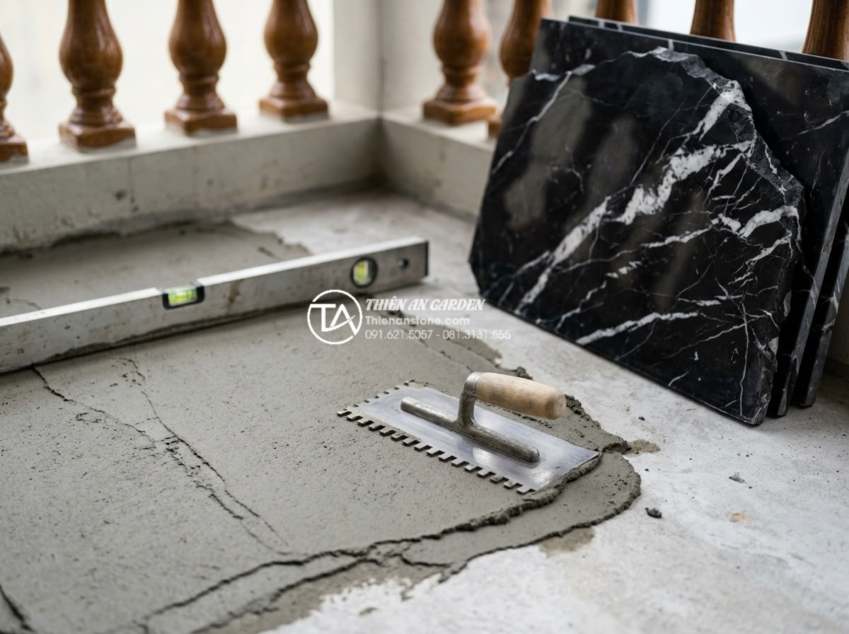 Tiểu cảnh ban công hướng Tây: Giải pháp chống nóng bằng đá và cây xanh - Step-by-step professional construction process of installing natural stone on a 