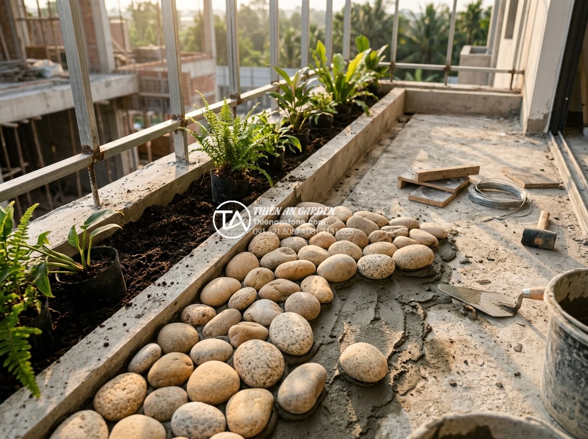 Tiểu cảnh ban công hướng Tây: Giải pháp chống nóng bằng đá và cây xanh - Detailed technical installation of stone elements and plant integration on west-