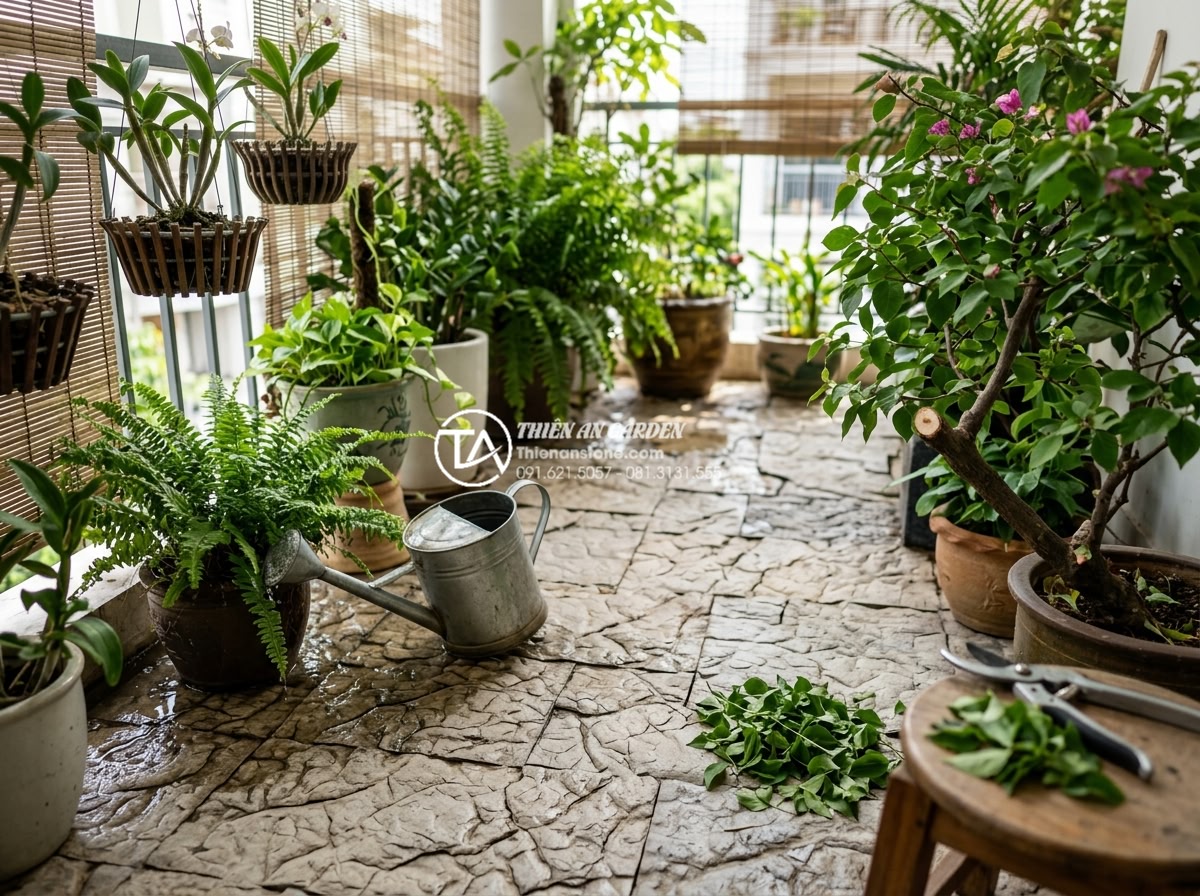 Tiểu cảnh ban công hướng Tây: Giải pháp chống nóng bằng đá và cây xanh - Maintenance process showing cleaning of natural stone on balcony with plants bei