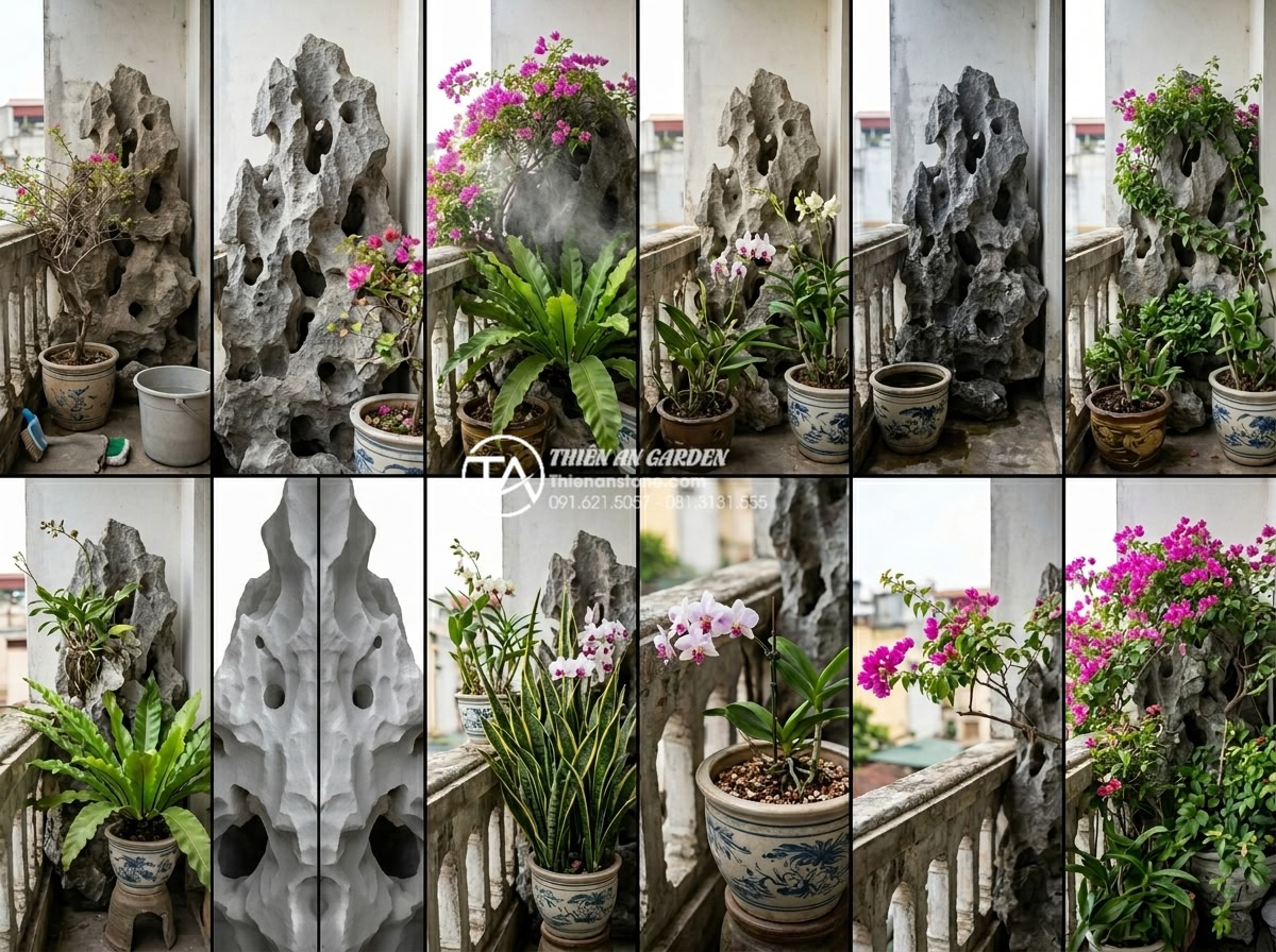 Tiểu cảnh ban công hướng Tây: Giải pháp chống nóng bằng đá và cây xanh - Calendar-style guide visuals for monthly stone and plant care on west-facing bal