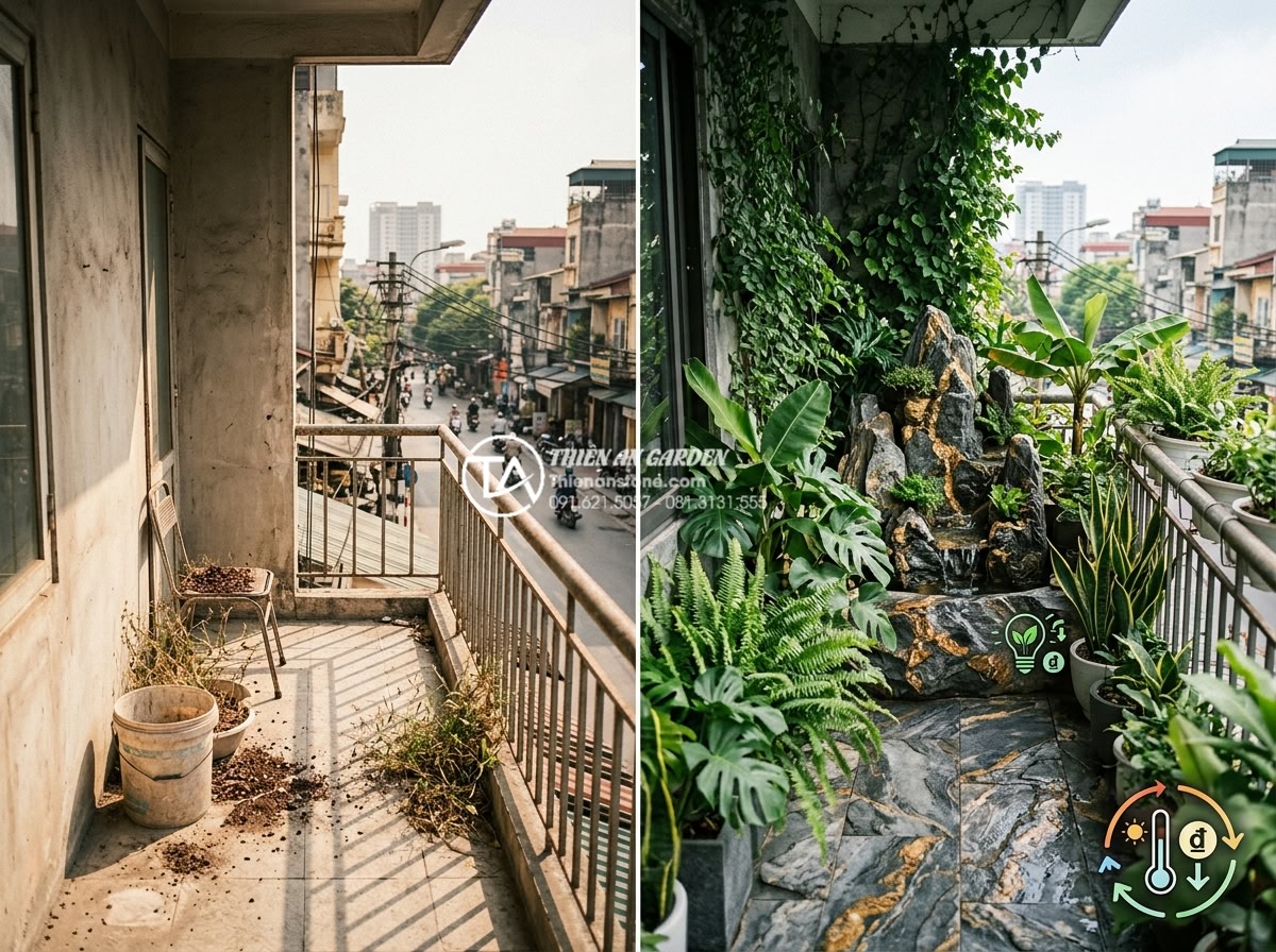 Tiểu cảnh ban công hướng Tây: Giải pháp chống nóng bằng đá và cây xanh - Before and after transformation of hot west-facing balcony into cool green oasis