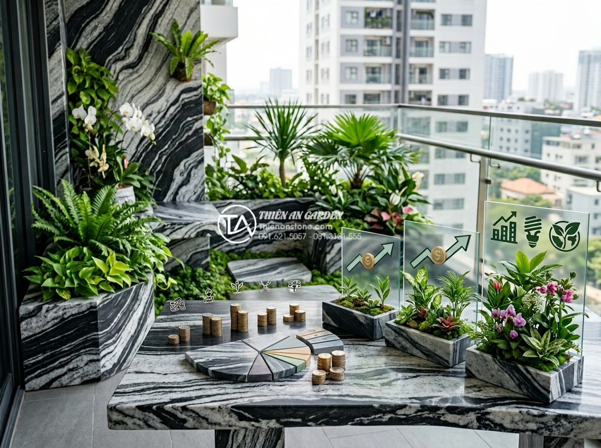 Tiểu cảnh ban công hướng Tây: Giải pháp chống nóng bằng đá và cây xanh - Cost breakdown chart and long-term ROI visuals for investing in stone and plant 