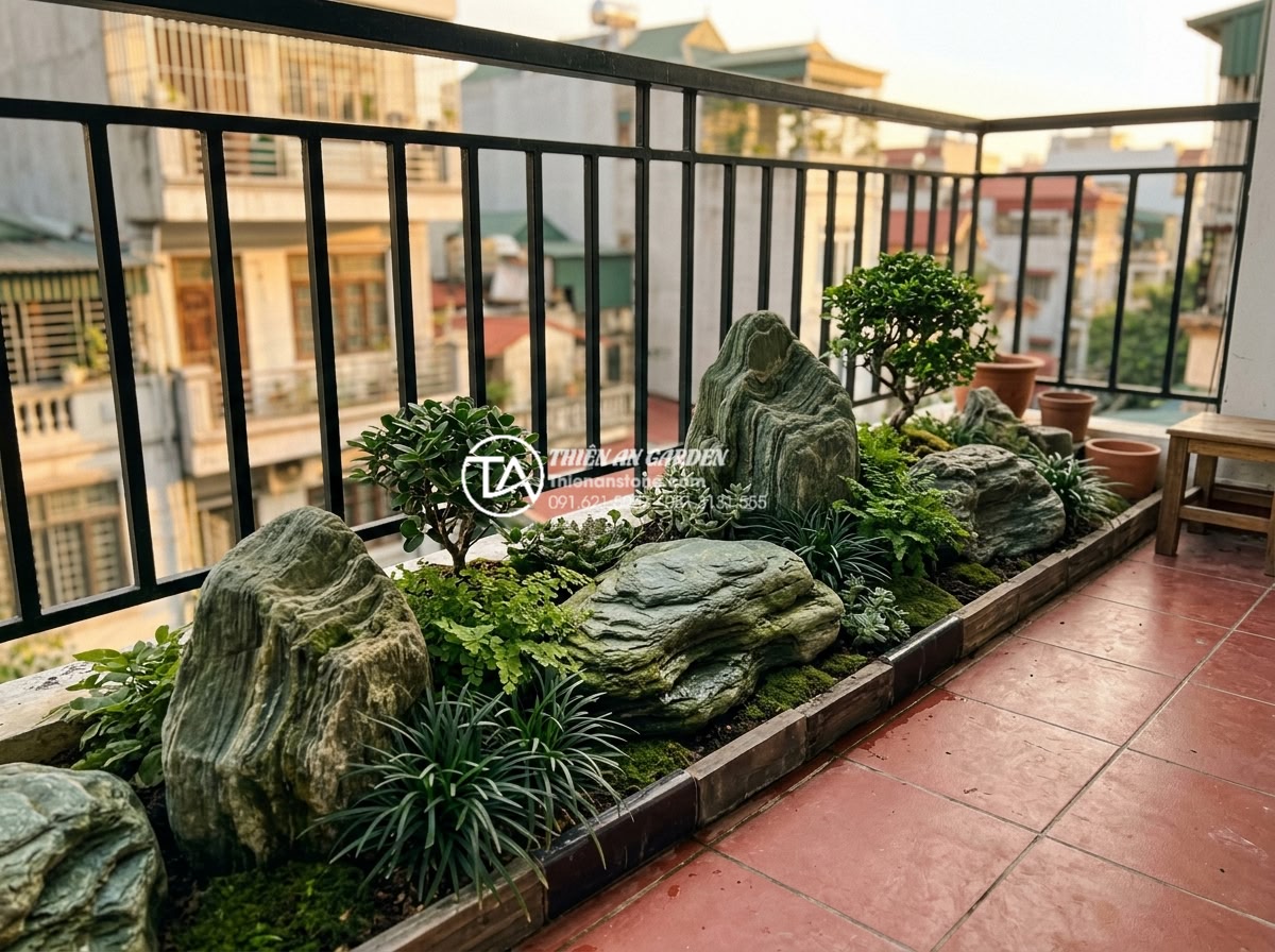Tiểu cảnh ban công hướng Tây: Giải pháp chống nóng bằng đá và cây xanh - Professional team from Da Canh Thien An company installing natural stone and pla
