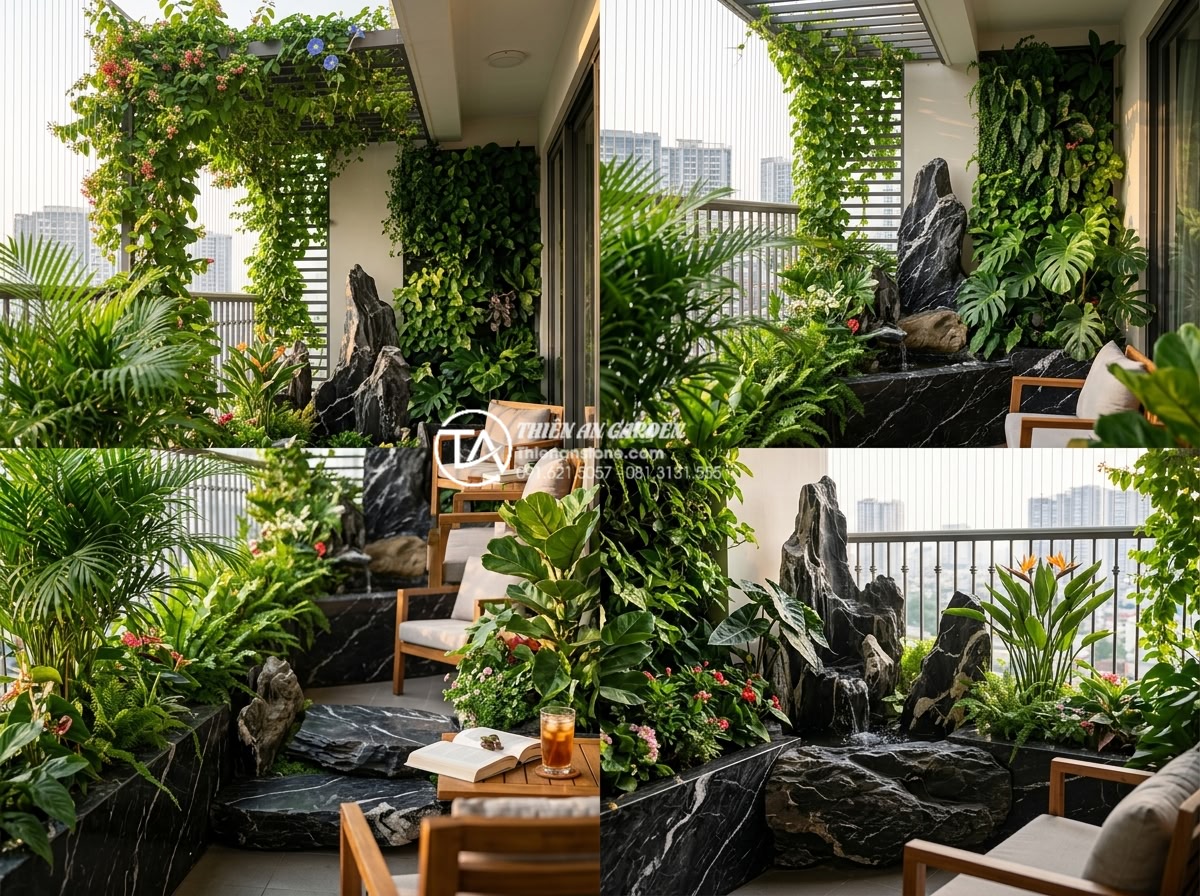 Tiểu cảnh ban công hướng Tây: Giải pháp chống nóng bằng đá và cây xanh - Showcase of various completed west-facing balcony landscaping projects by Thien 