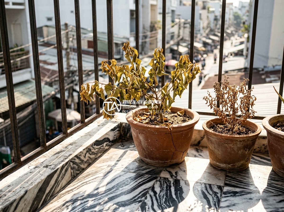 Tiểu cảnh ban công hướng Tây: Giải pháp chống nóng bằng đá và cây xanh - Close-up of scorching afternoon sun rays on a bare west-facing urban balcony wit