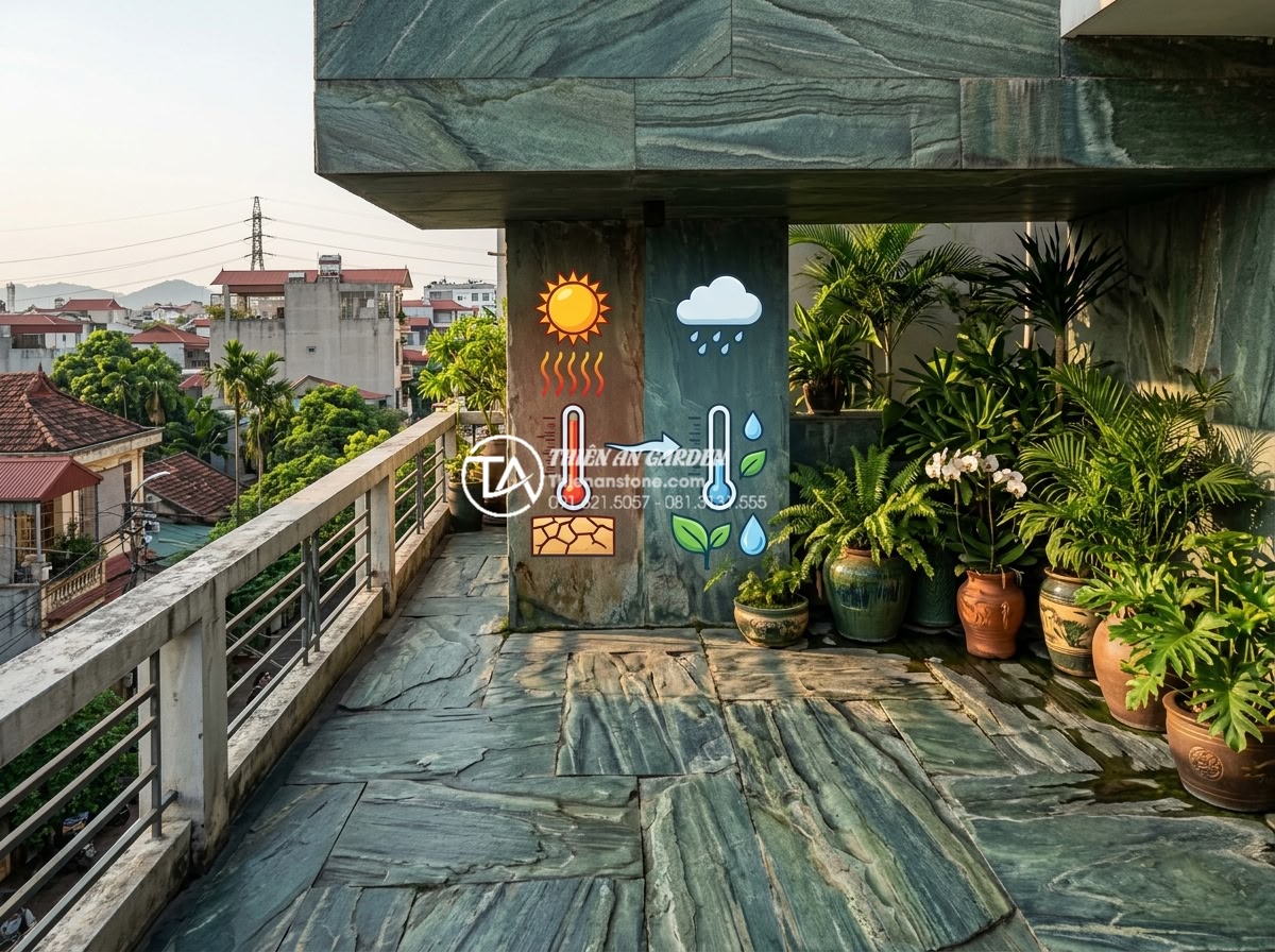 Tiểu cảnh ban công hướng Tây: Giải pháp chống nóng bằng đá và cây xanh - Natural stone slabs installed on a west-facing balcony creating a cool shaded ar