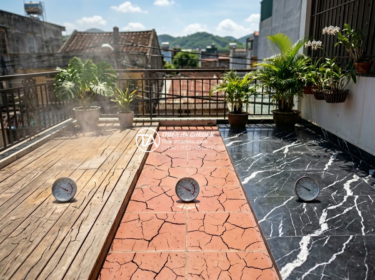 Tiểu cảnh ban công hướng Tây: Giải pháp chống nóng bằng đá và cây xanh - Side-by-side comparison of different balcony flooring materials under hot sun sh