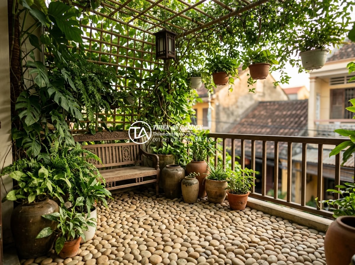 Tiểu cảnh ban công hướng Tây: Giải pháp chống nóng bằng đá và cây xanh - Lush green plants and vines providing shade on a west-facing balcony combined wi
