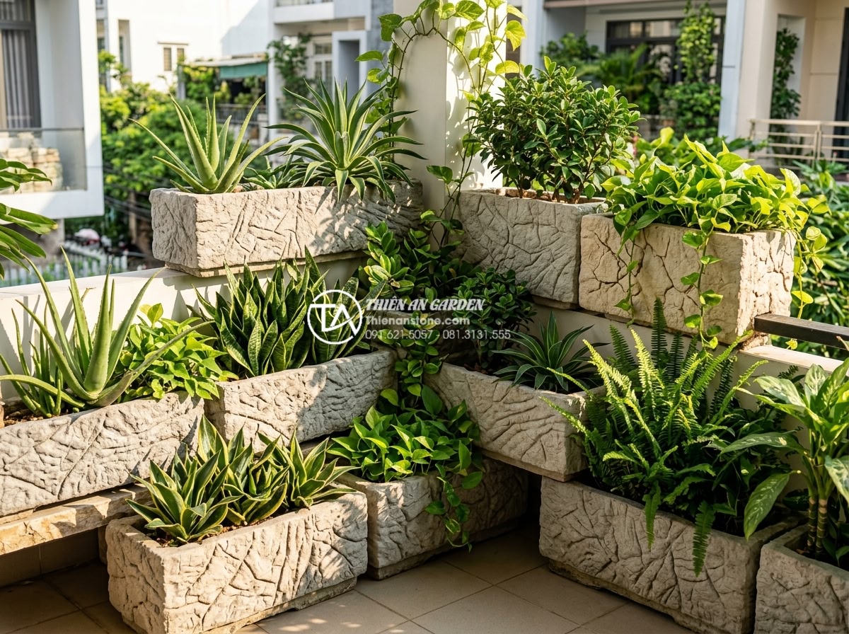 Tiểu cảnh ban công hướng Tây: Giải pháp chống nóng bằng đá và cây xanh - Various heat-resistant green plants arranged in layers on a balcony with stone p