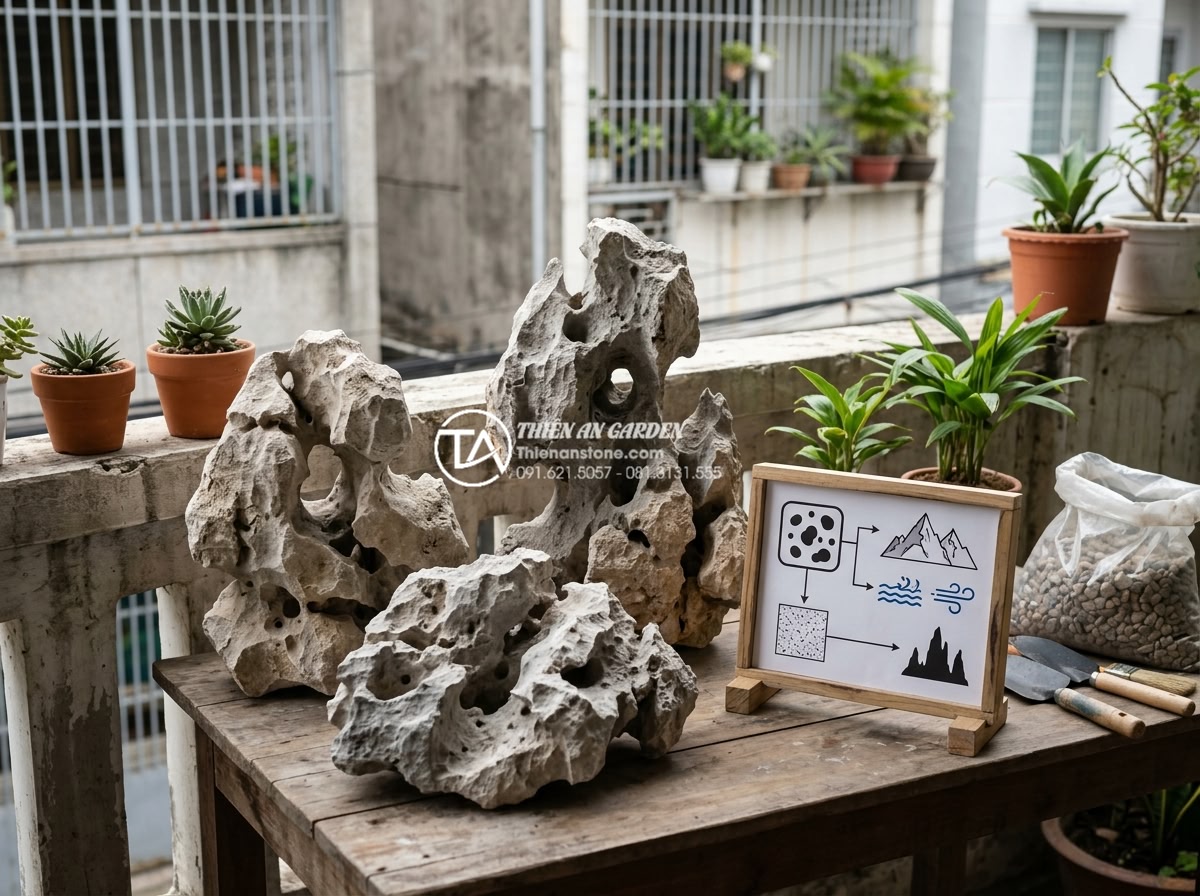 Tiểu cảnh ban công hướng Tây: Giải pháp chống nóng bằng đá và cây xanh - Assortment of natural stones including granite, basalt, and marble displayed for