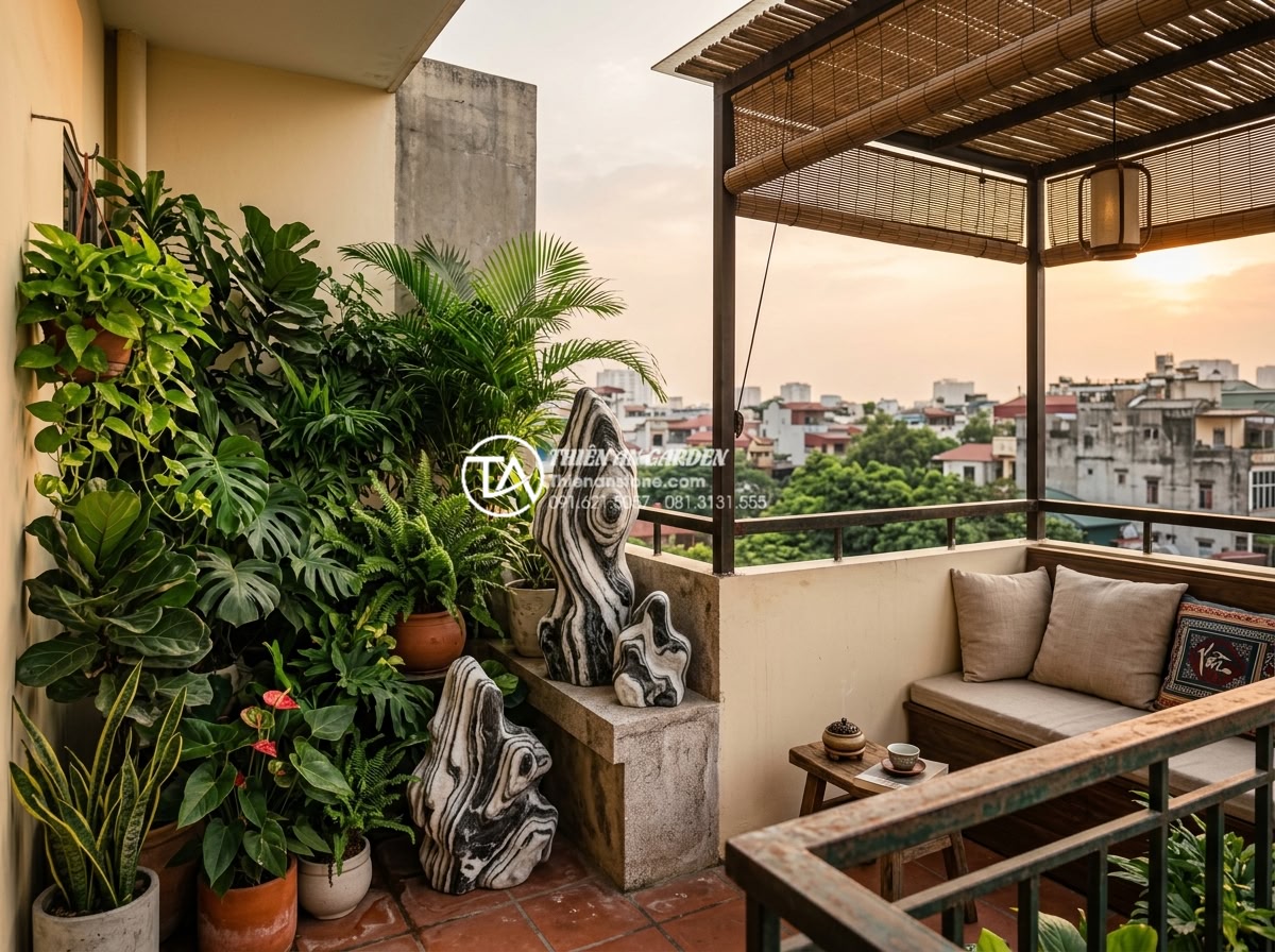 Tiểu cảnh ban công hướng Tây: Giải pháp chống nóng bằng đá và cây xanh - Creative modern west-facing balcony design featuring natural stone sculptures, l