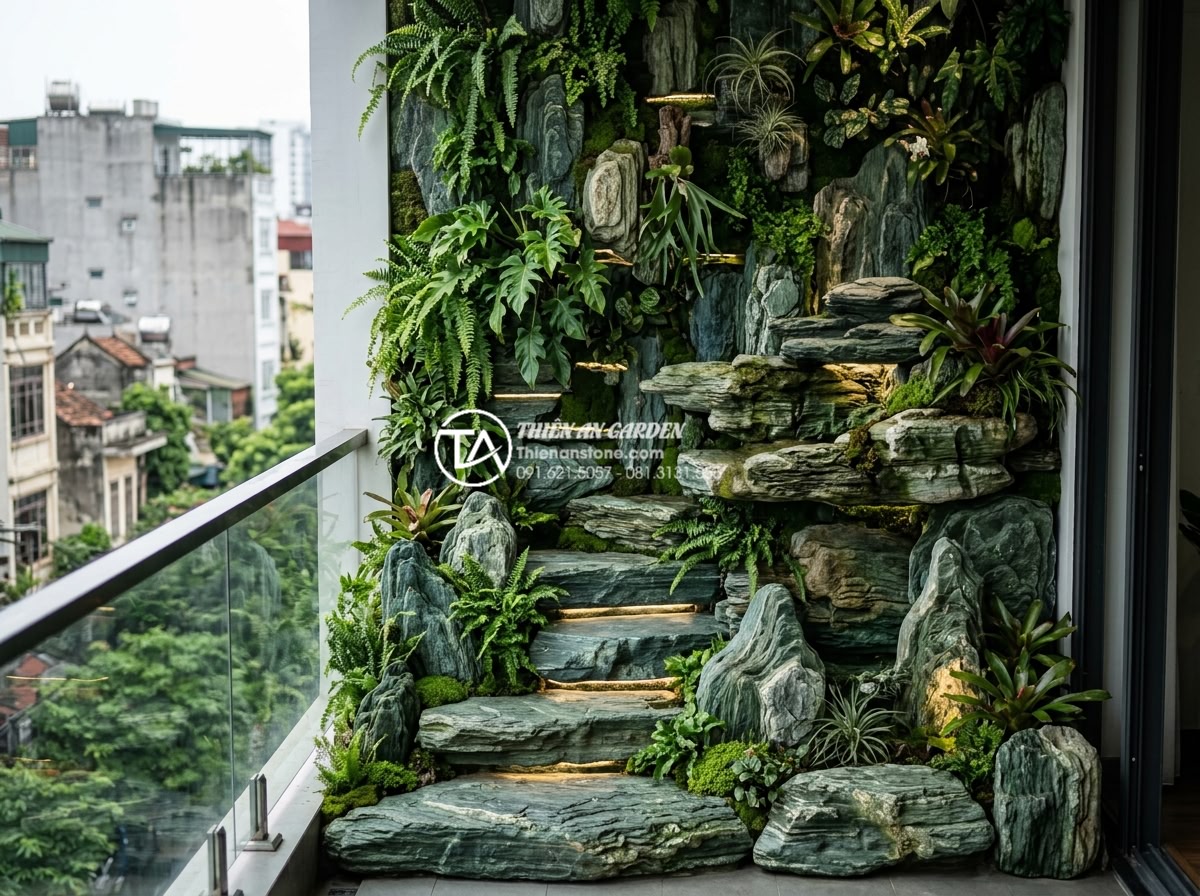Tiểu cảnh ban công kết hợp vườn tường đứng: Xu hướng xanh hóa không gian - A contemporary urban balcony transformed into a lush vertical garden wall integr