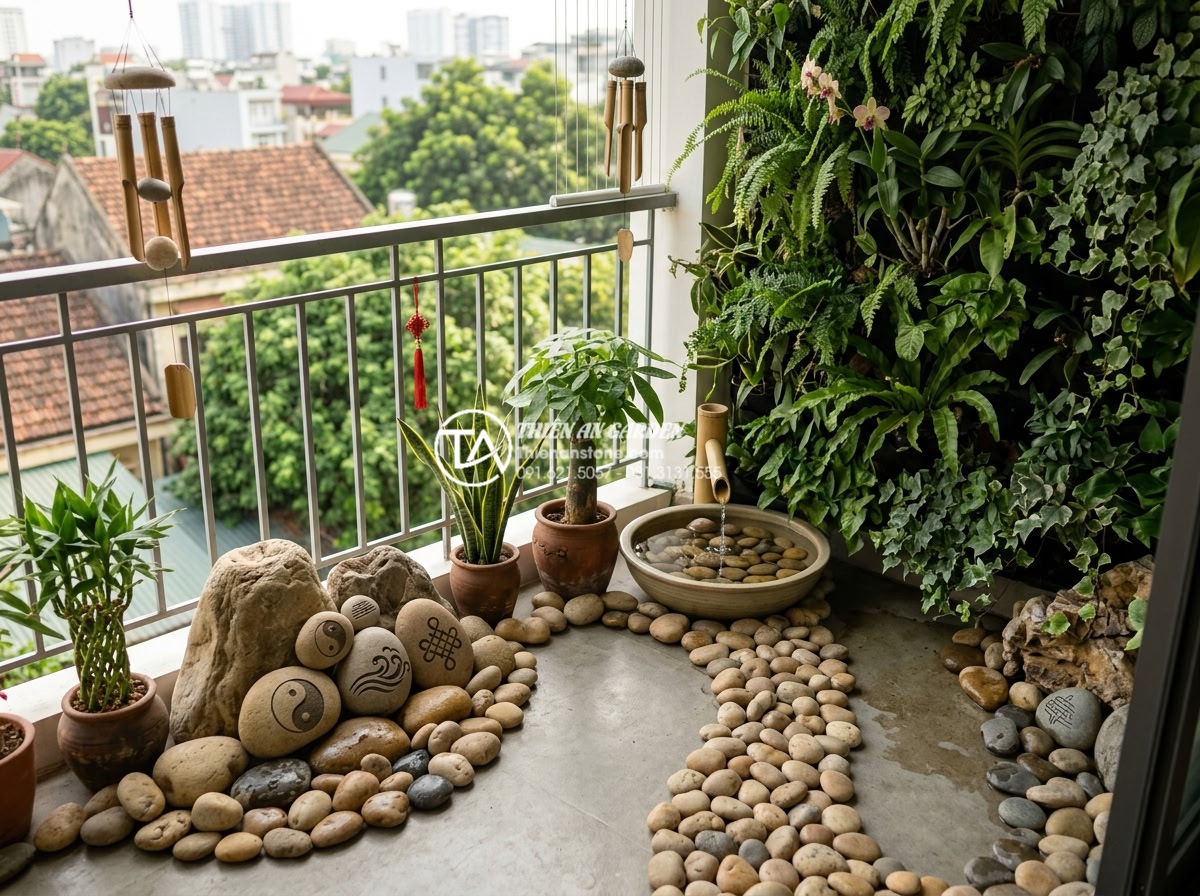 Tiểu cảnh ban công kết hợp vườn tường đứng: Xu hướng xanh hóa không gian - Harmonious feng shui balcony design combining carved stones, lush vertical garde