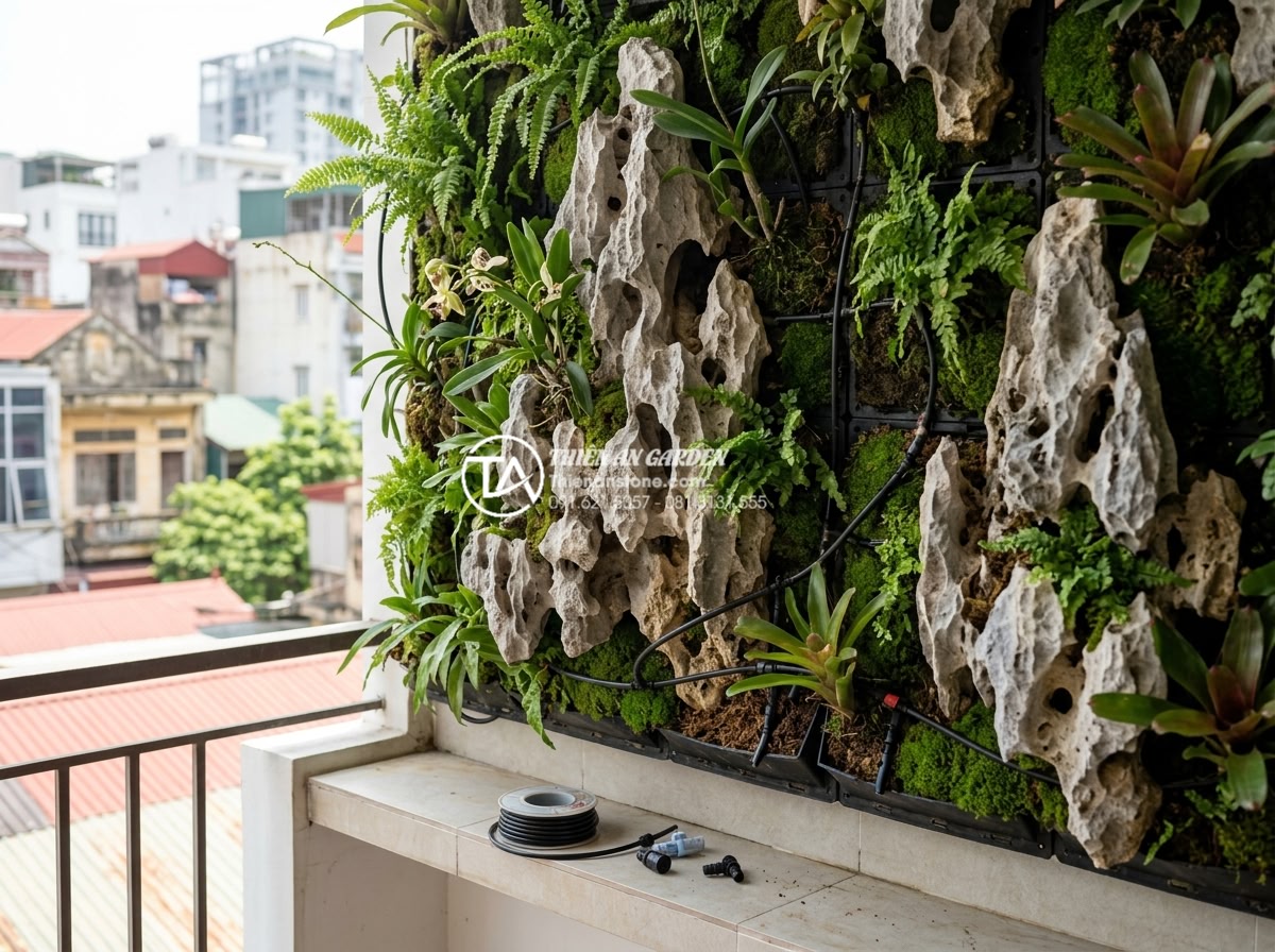Tiểu cảnh ban công kết hợp vườn tường đứng: Xu hướng xanh hóa không gian - Completed professional installation of balcony vertical wall garden with natural