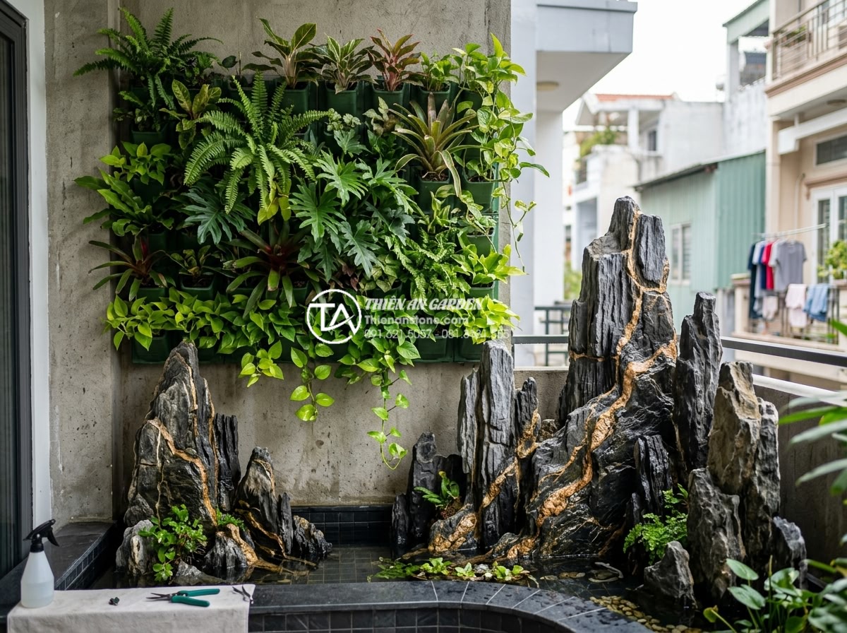 Tiểu cảnh ban công kết hợp vườn tường đứng: Xu hướng xanh hóa không gian - Maintenance of balcony vertical garden and stone landscape including pruning pla