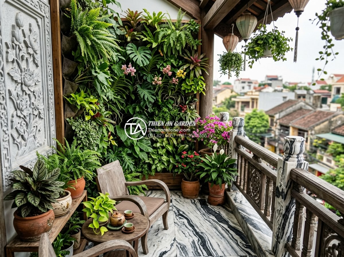 Tiểu cảnh ban công kết hợp vườn tường đứng: Xu hướng xanh hóa không gian - Long-term maintained lush balcony scene with healthy vertical garden, vibrant pl