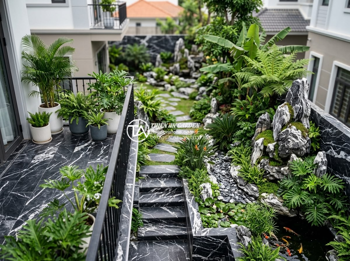 Tiểu cảnh ban công kết hợp vườn tường đứng: Xu hướng xanh hóa không gian - Expanded view of balcony mini scene flowing into full stone garden design with u