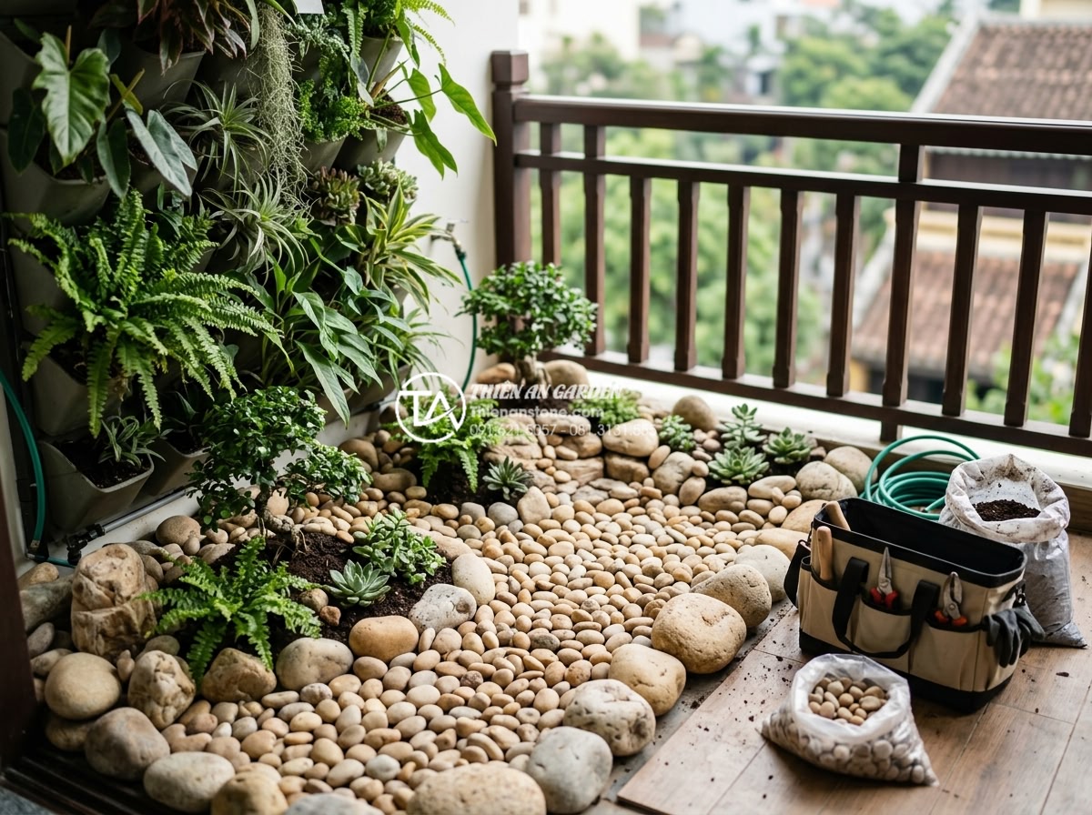 Tiểu cảnh ban công kết hợp vườn tường đứng: Xu hướng xanh hóa không gian - Professional team from stone landscape company working on high-end balcony verti
