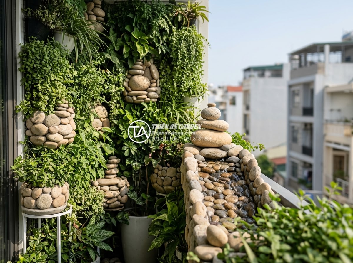 Tiểu cảnh ban công kết hợp vườn tường đứng: Xu hướng xanh hóa không gian - Lush vertical garden on a sunny apartment balcony featuring integrated natural s