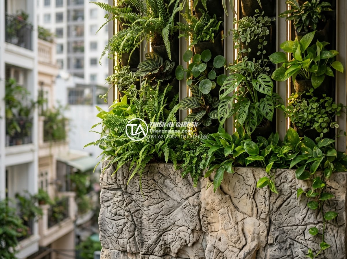 Tiểu cảnh ban công kết hợp vườn tường đứng: Xu hướng xanh hóa không gian - Close-up of vertical garden wall on balcony with natural stone base, various pla