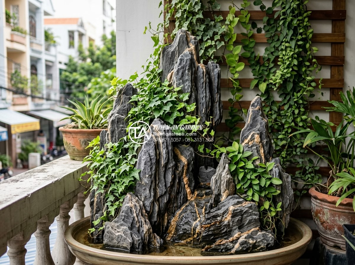 Tiểu cảnh ban công kết hợp vườn tường đứng: Xu hướng xanh hóa không gian - Artistic display of natural stone varieties including snow mountain stone for ba