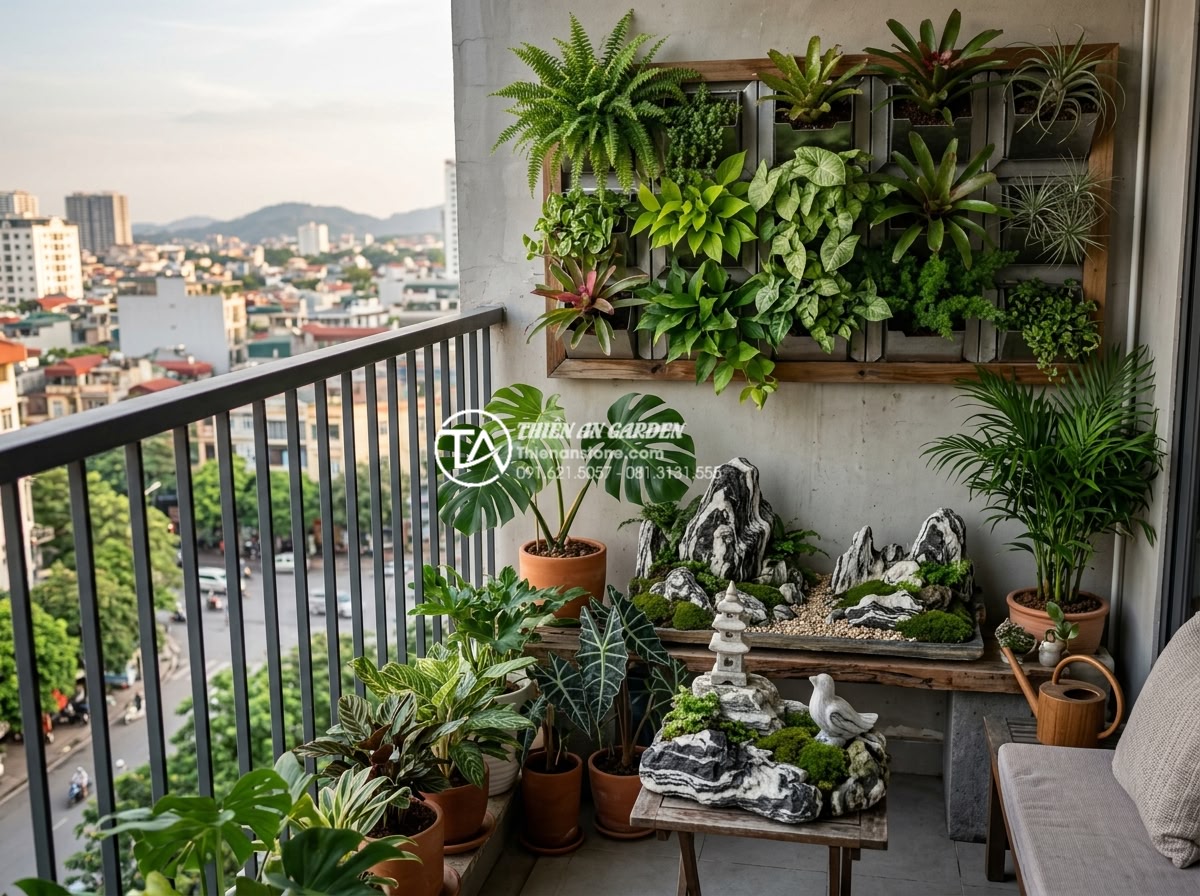 Tiểu cảnh ban công kết hợp vườn tường đứng: Xu hướng xanh hóa không gian - Compact modern balcony mini landscape design with vertical garden, small stone s