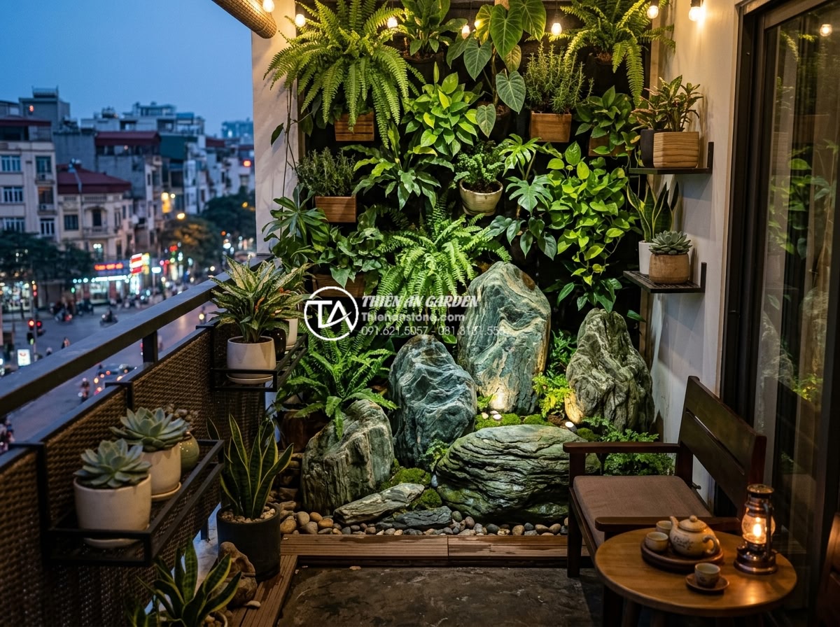 Tiểu cảnh ban công kết hợp vườn tường đứng: Xu hướng xanh hóa không gian - Stylish small balcony featuring modern vertical wall garden integrated with natu