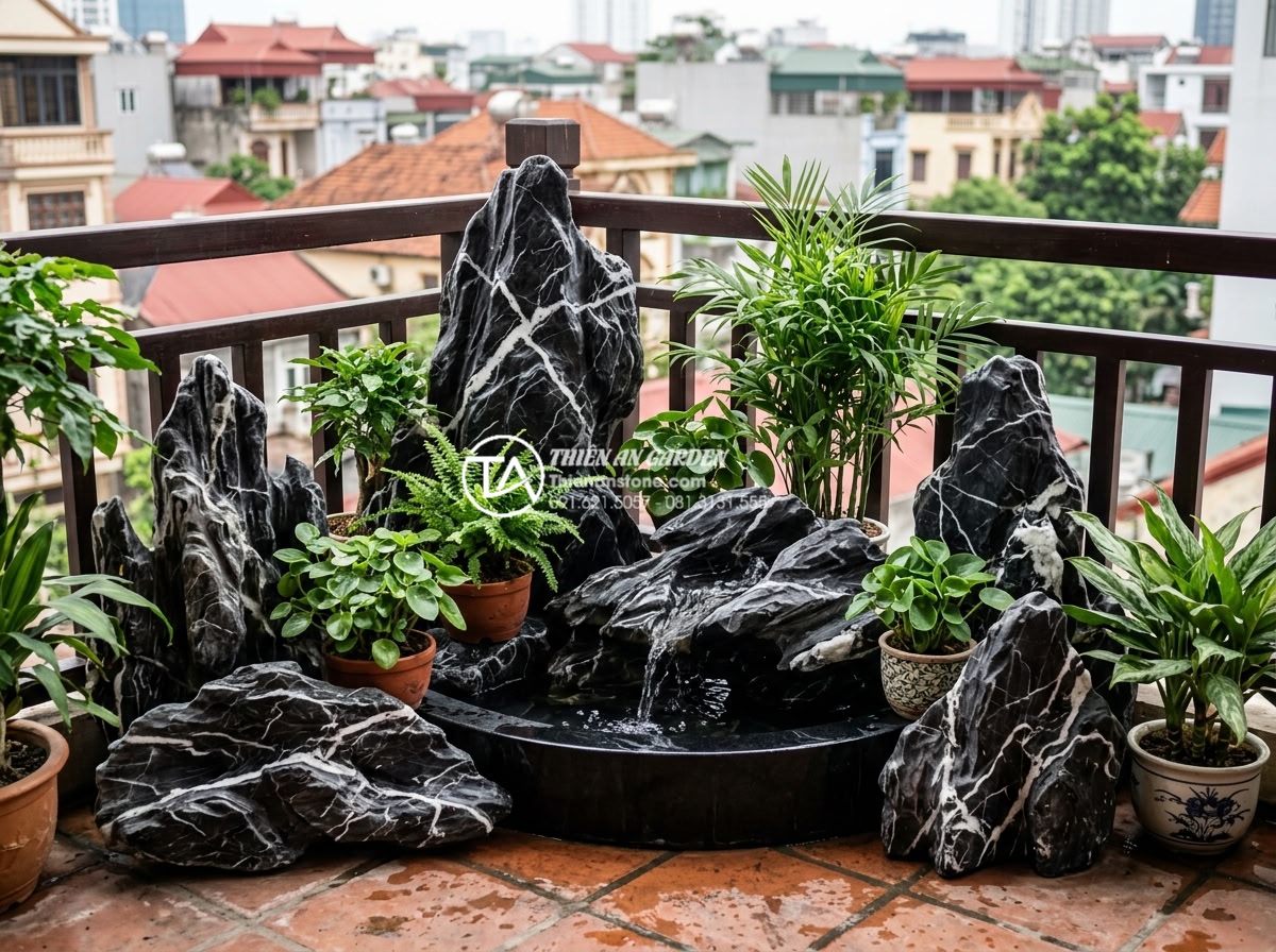Tiểu cảnh ban công kết hợp vườn tường đứng: Xu hướng xanh hóa không gian - Feng shui inspired balcony mini scene with natural stone arrangements, green pla