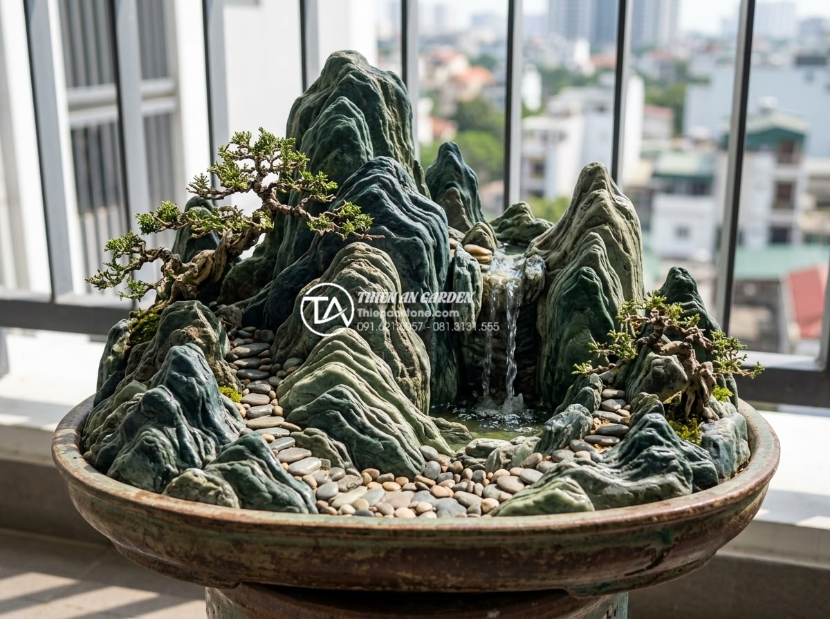 Tiểu cảnh ban công là gì? Lợi ích và những lưu ý quan trọng khi bắt đầu - Close-up view of a realistic balcony miniature landscape featuring carved natura