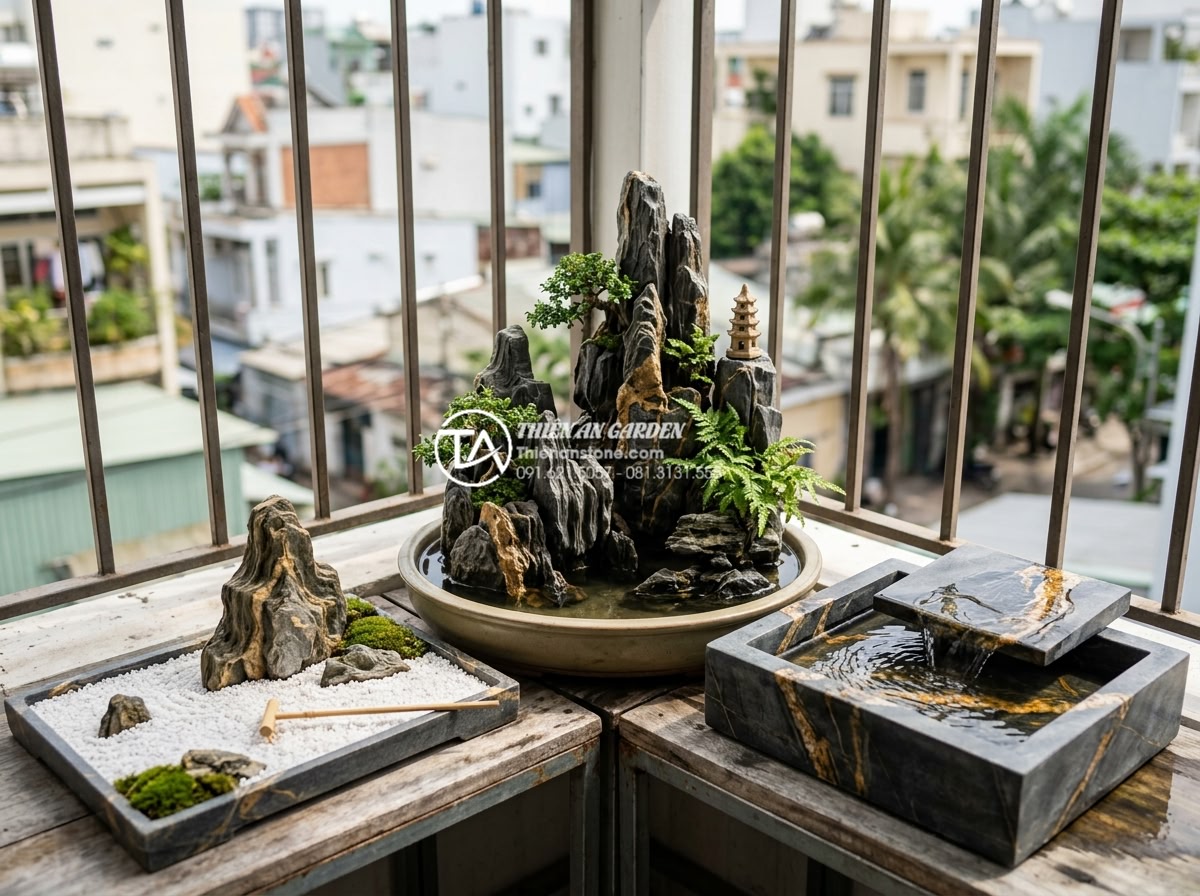 Tiểu cảnh ban công là gì? Lợi ích và những lưu ý quan trọng khi bắt đầu - Hình 6 Tiểu cảnh ban công là gì? Lợi ích và những lưu ý quan trọng khi bắt đầu - Diverse examples of stone-based balcony mini scenes including Japanese Zen garde