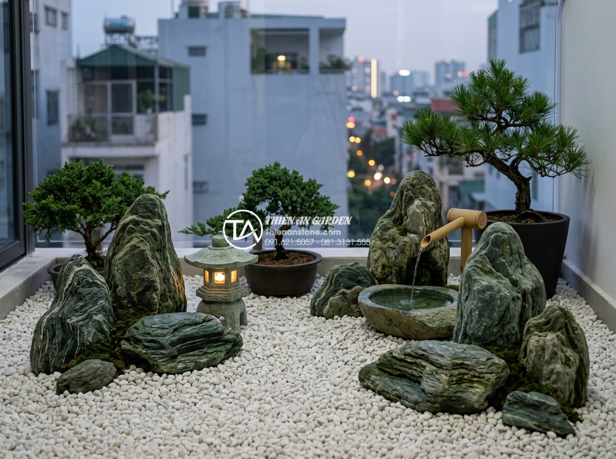 Tiểu cảnh ban công phong cách Zen: Mang thiền định vào căn hộ phố - A serene Zen-style balcony scene in an urban apartment featuring natural stone a